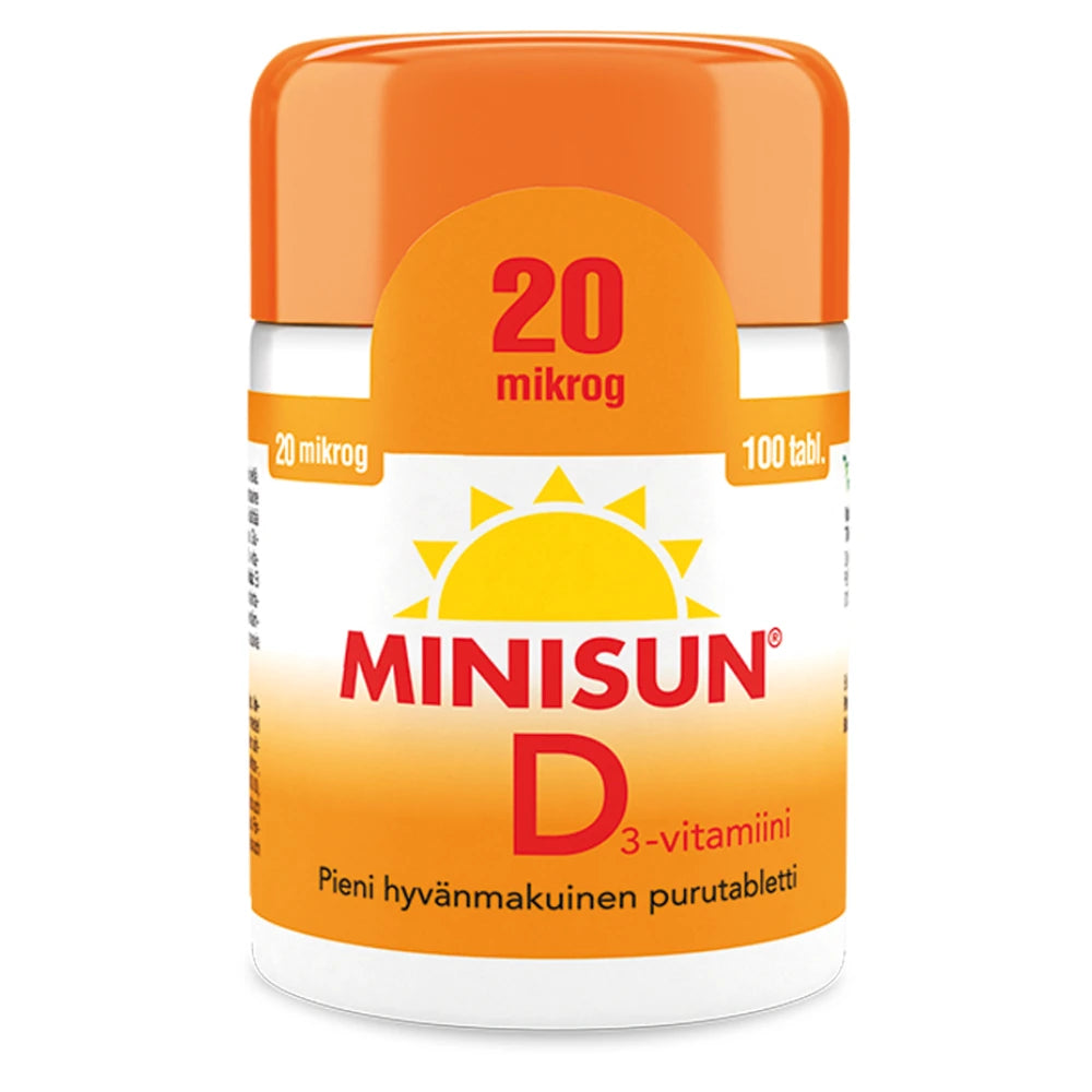 MINISUN D3-vitamiini 20 mikrog purutabletti 100 kpl hyvin imeytyvää D3-vitamiinia pienessä hyvänmakuisessa tabletissa