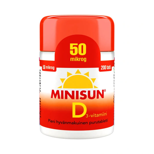 MINISUN D3-vitamiini 50 mikrog purutabletti 200 kpl sisältävät hyvin imeytyvää D3-vitamiinia