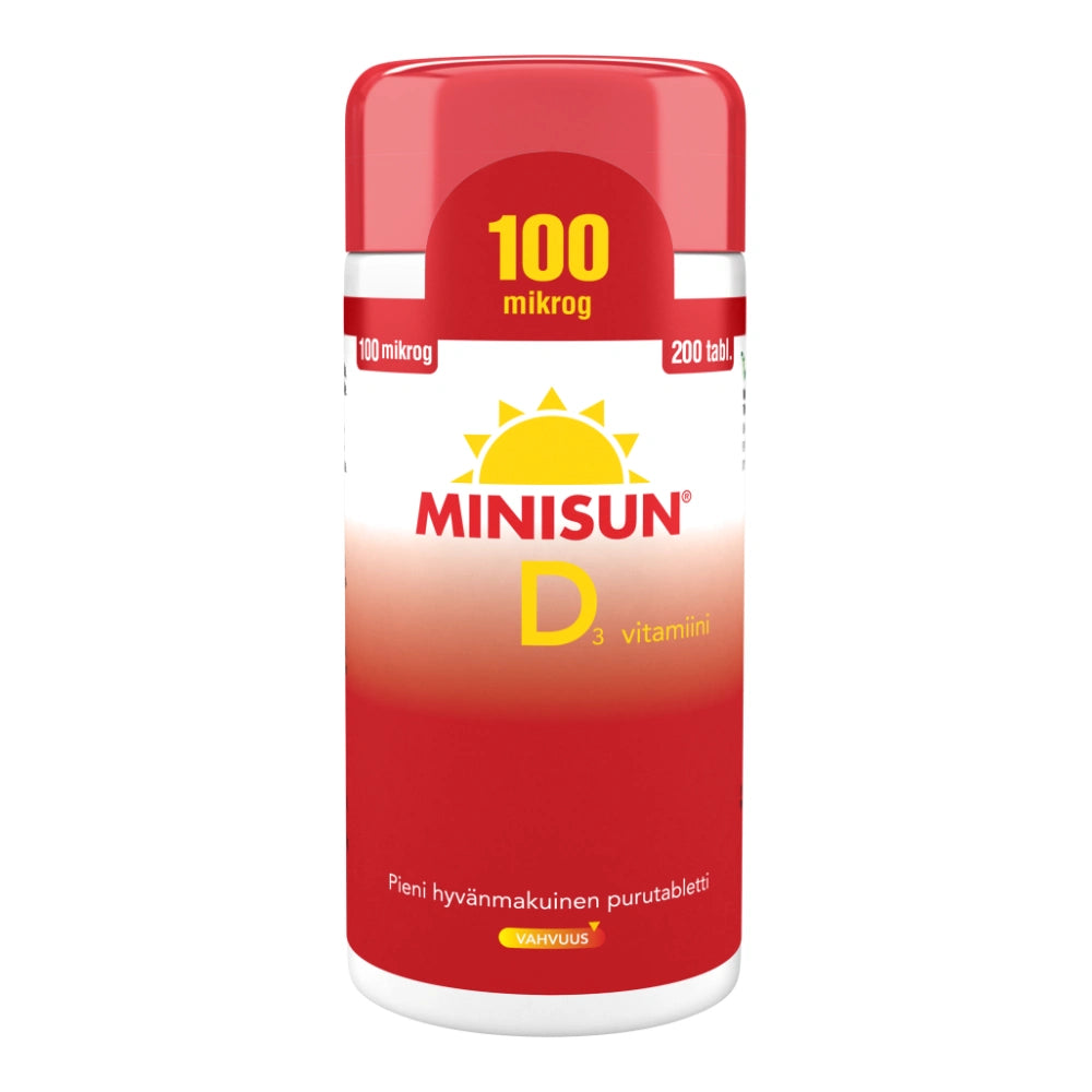 MINISUN D3-Vitamiini 100 mikrogrammaa purutabletti 200 kpl pieni, hyvänmakuinen purutabletti