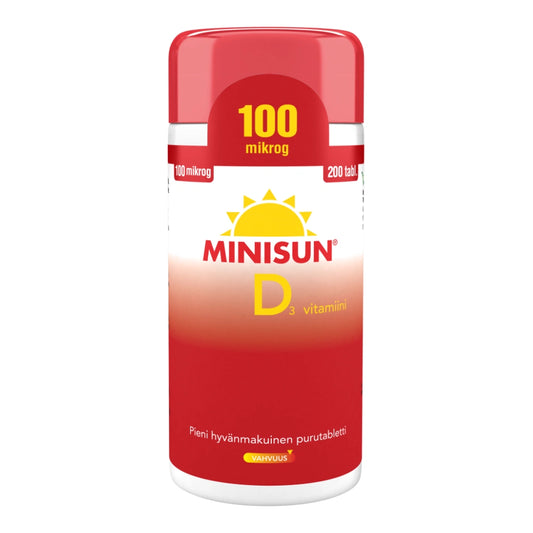MINISUN D3-Vitamiini 100 mikrogrammaa purutabletti 200 kpl pieni, hyvänmakuinen purutabletti