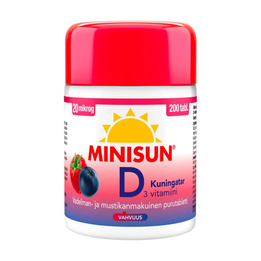 MINISUN D3-Vitamiiini 20 mikrog Kuningatar 200 kpl raikkaan vadelman- ja mustikanmakuinen