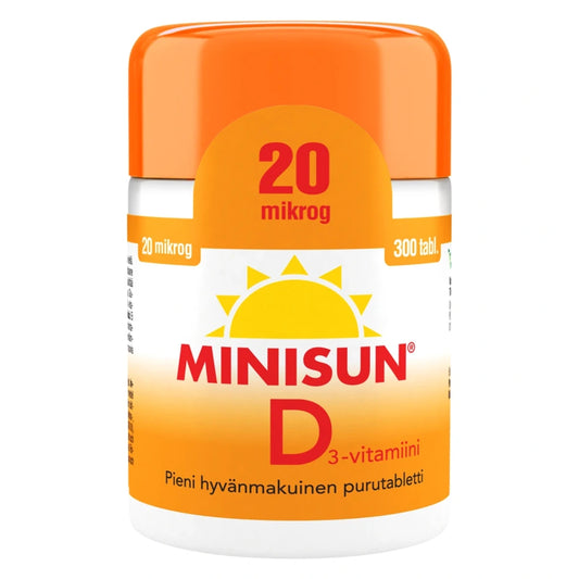 MINISUN D3-vitamiini 20 mikrog purutabletti 300 kpl pieni ja hyvänmakuinen purutabletti