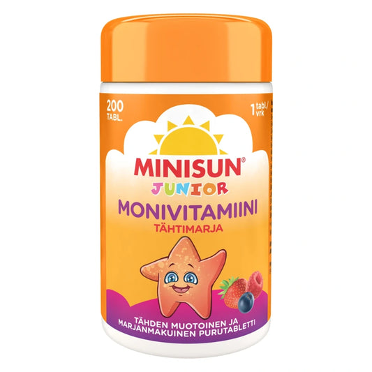 MINISUN Junior Monivitamiini Tähtimarja 200 kpl pureskeltava monivitamiini- ja hivenainevalmiste lapsille