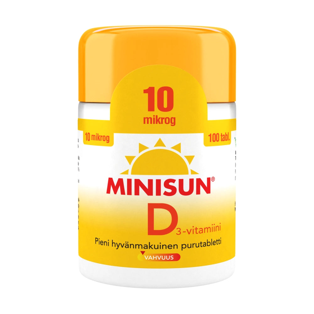 MINISUN D3-vitamiini 10 mikrog purutabletti 100 kpl pieni hyvänmakuinen tabletti, jonka voi niellä tai pureskella