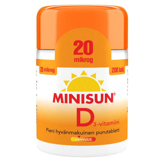 MINISUN D3-vitamiini 20 mikrog purutabletti 200 kpl pieni ja hyvänmakuinen tabletti