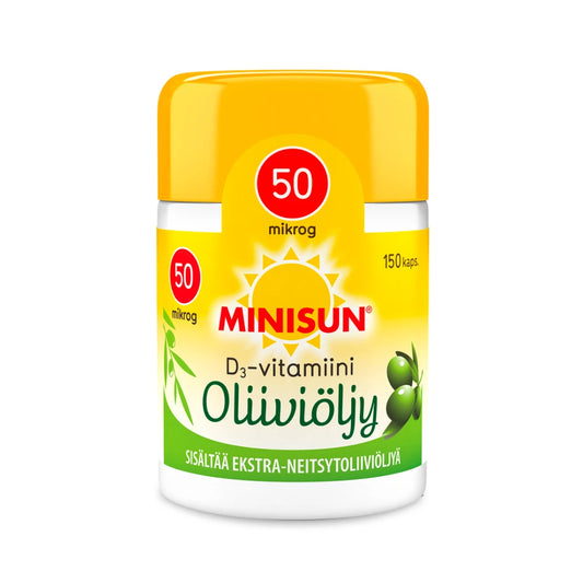 MINISUN D3-vitamiini 50 mikrog Oliiviöljy 150 kpl sisältää tehokkaasti imeytyvää D3-vitamiinia korkealaatuisessa extra-neitsytoliiviöljyssä 