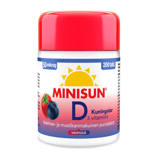 MINISUN D3-Vitamiini 50 mikrog Kuningatar purutabletti 100 kpl raikkaan vadelman- ja mustikanmakuinen