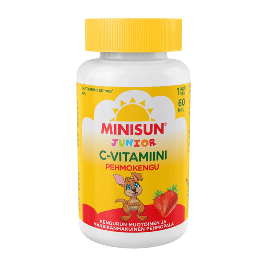 MINISUN Junior C-Vitamiini pehmokengu 60 kpl mansikanmakuinen ja&nbsp; kengurun muotoinen pehmeä ja pureskeltava C-vitamiinivalmiste