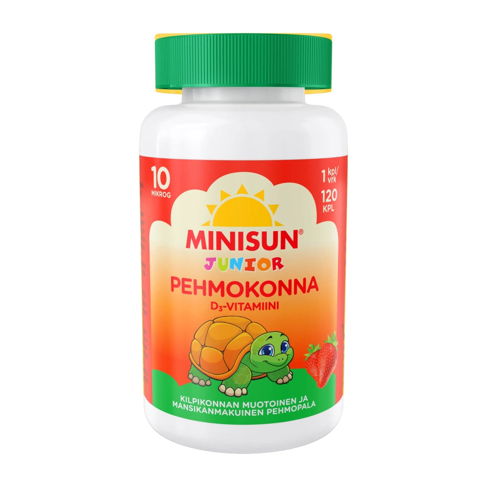 MINISUN Junior D-vitamiini 10 µg pehmokonna 120 kpl mansikanmakuinen pehmopala, jossa 10 mikrogrammaa D-vitamiinia
