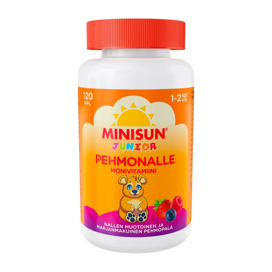 MINISUN Junior Pehmonalle Monivitamiini 120 kpl sisältää 13 vitamiinia ja kivennäisainetta