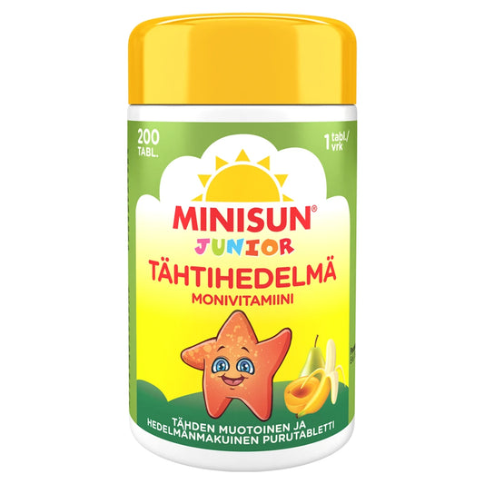 MINISUN Junior Monivitamiini Tähtihedelmä 200 kpl sisältää mm. D-vitamiinia, C-vitamiinia ja sinkkiä.