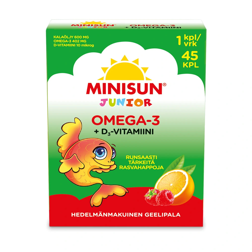 MINISUN Junior Omega-3 + D3-vitamiini geelipala 45 kpl hedelmäisen makea ja pehmeä geelipala, makuina vadelma, appelsiini ja sitruuna.