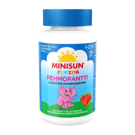 MINISUN Junior Pehmofantti Luusto 60 kpl kalsium- ja D3-vitamiinivalmiste päivittäiseen käyttöön