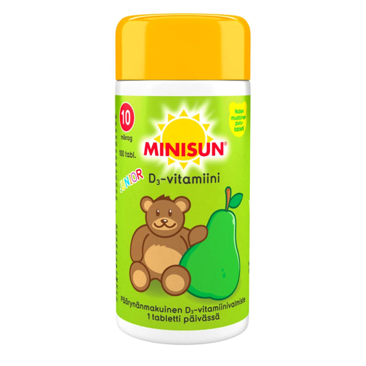 MINISUN Junior Nalle D3-vitamiini päärynä 100 kpl maukkaan päärynän makuinen ja nallen muotoinen tabletti