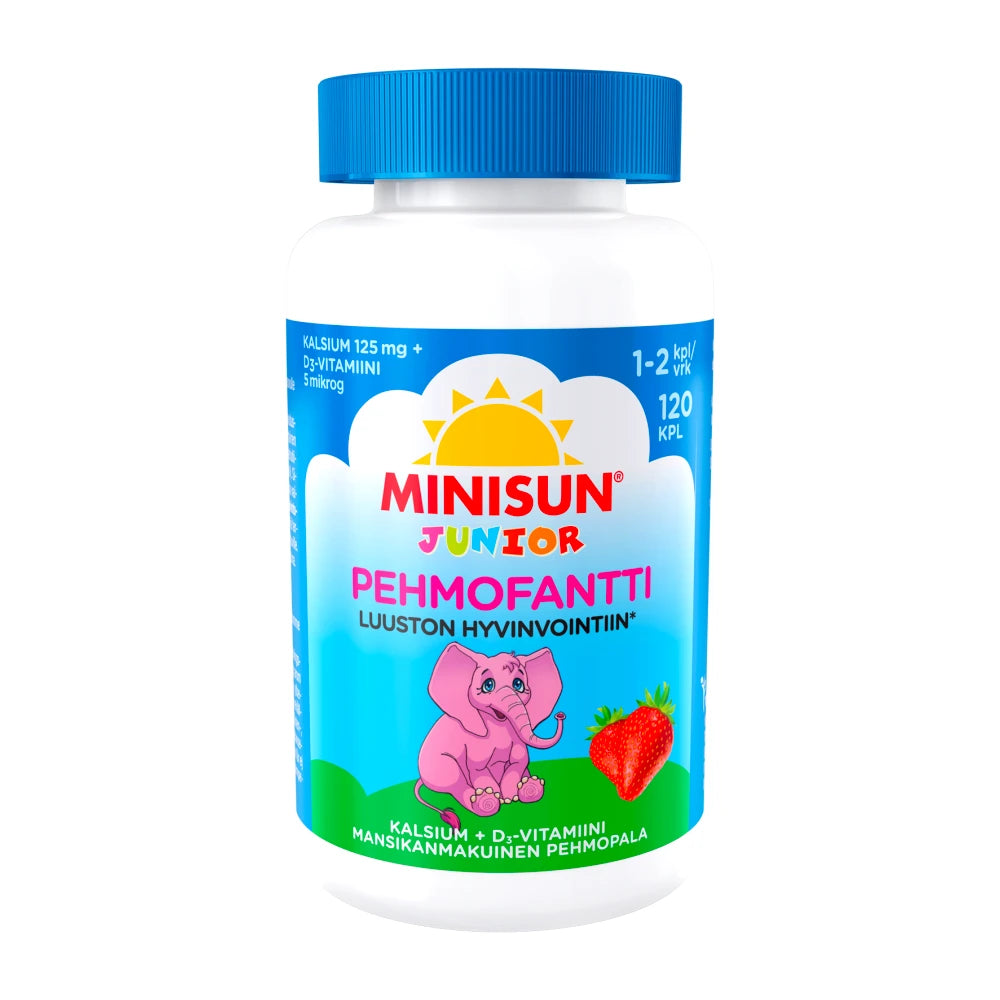 MINISUN Junior Pehmofantti Luusto 120 kpl mansikan makuinen ja norsunmuotoinen kalsium ja D-vitamiinivalmiste