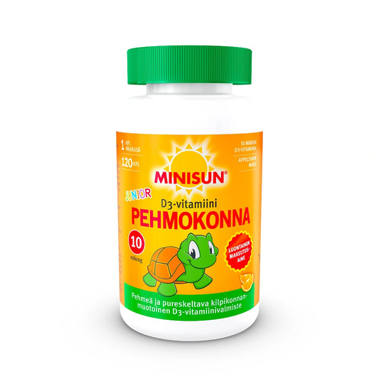 MINISUN Junior Pehmokonna D3-vitamiini appelsiini 120 kpl appelsiininmakuinen ja kilpikonnanmuotoinen