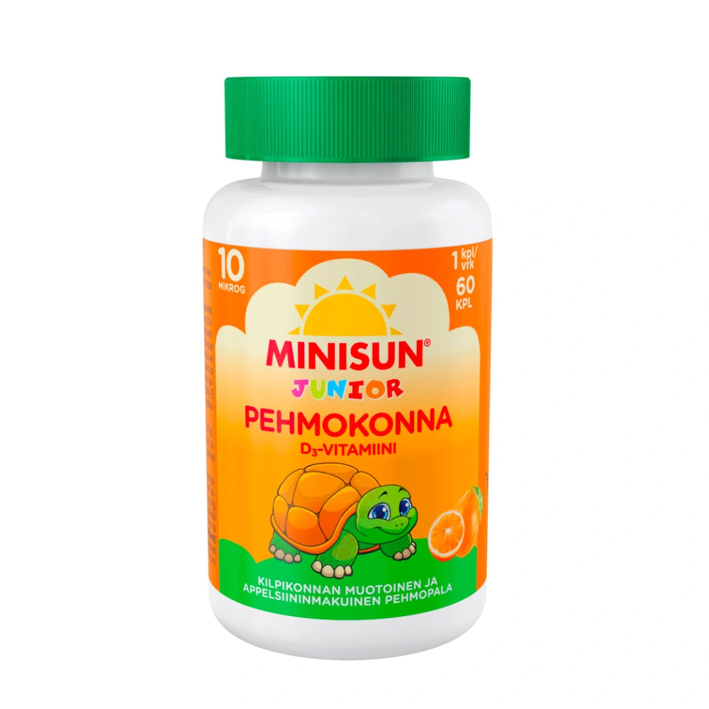 MINISUN Junior Pehmokonna D3-vitamiini appelsiini 60 kpl appelsiinin makuinen ja kilpikonnanmuotoinen