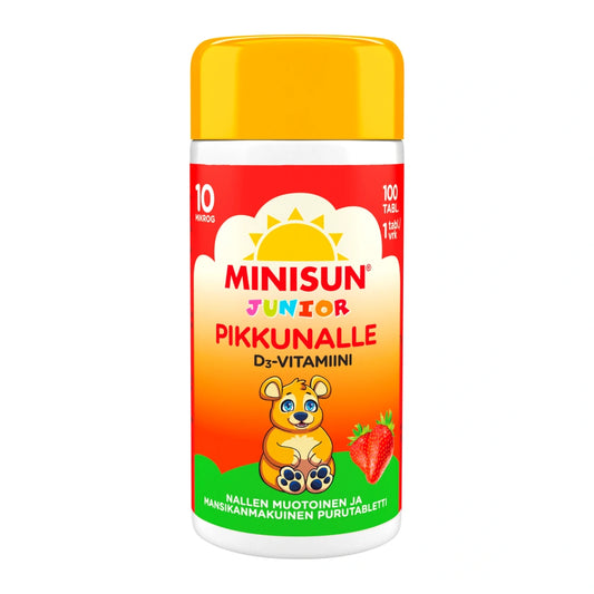 MINISUN Junior Pikkunalle D3-vitamiini mansikka 100 kpl maukkaan mansikan makuinen ja nallen muotoinen tabletti