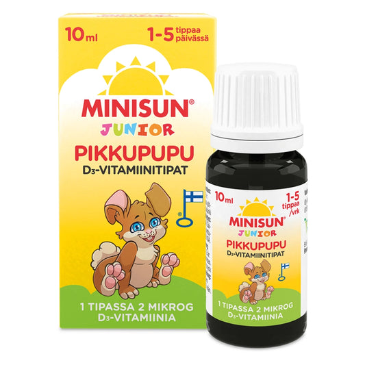 MINISUN Junior Pikkupupu D-vitamiinitippa 10 ml tippa sisältää 2 mikrogrammaa D3-vitamiinia