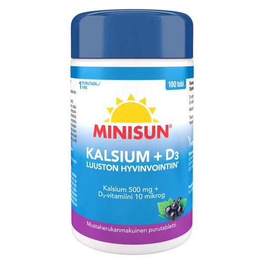 MINISUN Luusto Kalsium + D3-vitamiini marjaisa purutabletti 100 kpl luuston hyvinvointiin