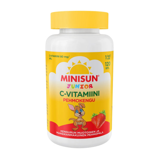 MINISUN Junior C-Vitamiini pehmokengu 120 kpl mansikanmakuinen ja kengurun muotoinen pehmeä ja pureskeltava C-vitamiinivalmiste