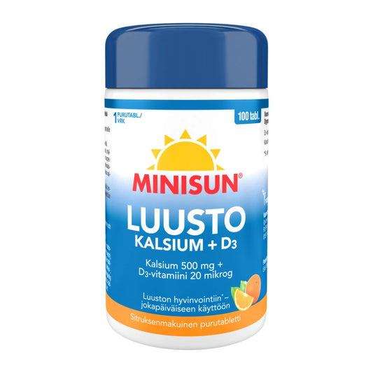 MINISUN Luusto Kalsium + D3 sitrus purutabletti 100 kpl luuston hyvinvointiin