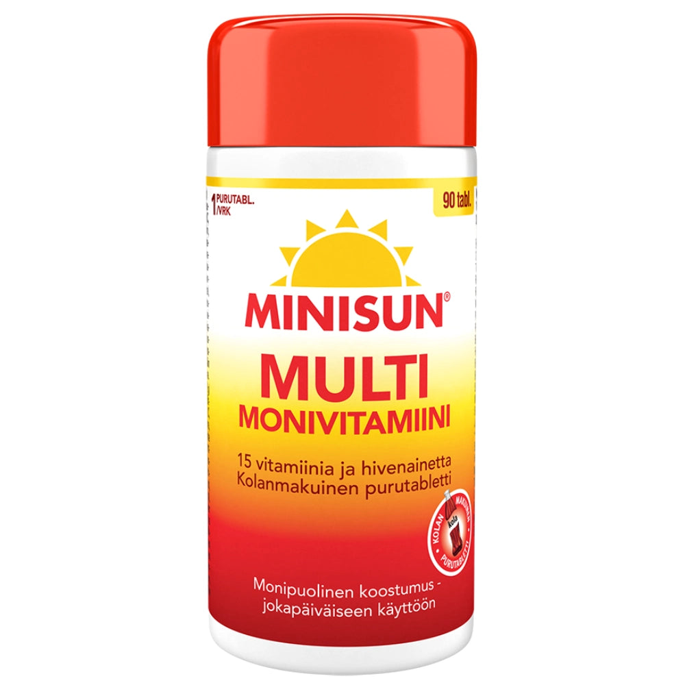 MINISUN Monivitamiini Multi Kola purutabletti 90 kpl sisältää 15 vitamiinia ja hivenainetta hyvänmakuisessa purutabletissa
