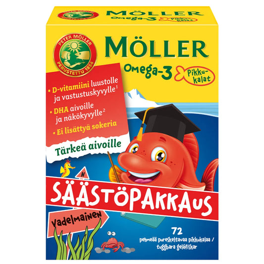MÖLLER Omega-3 Pikkukalat säästöpakkaus vadelmainen 72 kpl pehmeä pureskelteva pikkukalanmuotoinen