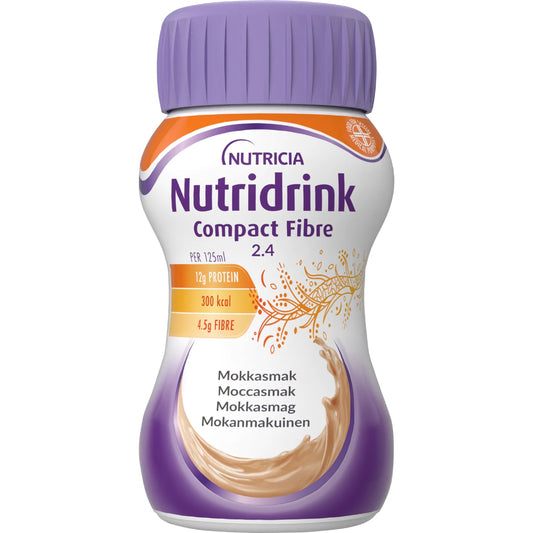 NUTRIDRINK Compact Fibre mokka 4x125 ml runsaasti energiaa ja kuitua sisältävä täysipainoinen täydennysravintovalmiste
