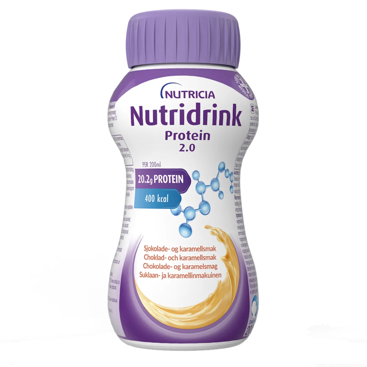 NUTRIDRINK Protein 2.0 Suklaa-karamelli 4x200 ml pirtelömäinen täydennysravintojuoma