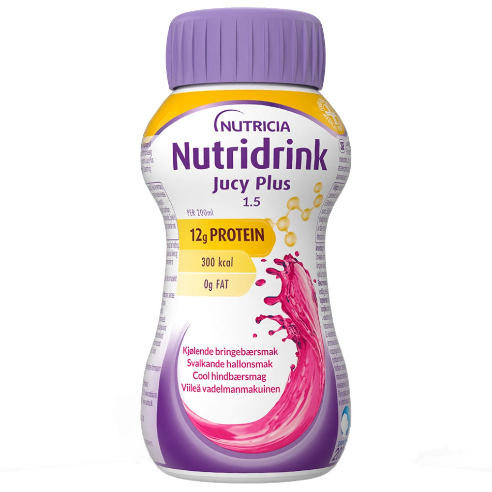 NUTRIDRINK Jucy Plus viileä vadelma kliininen ravintovalmiste 4x200 ml