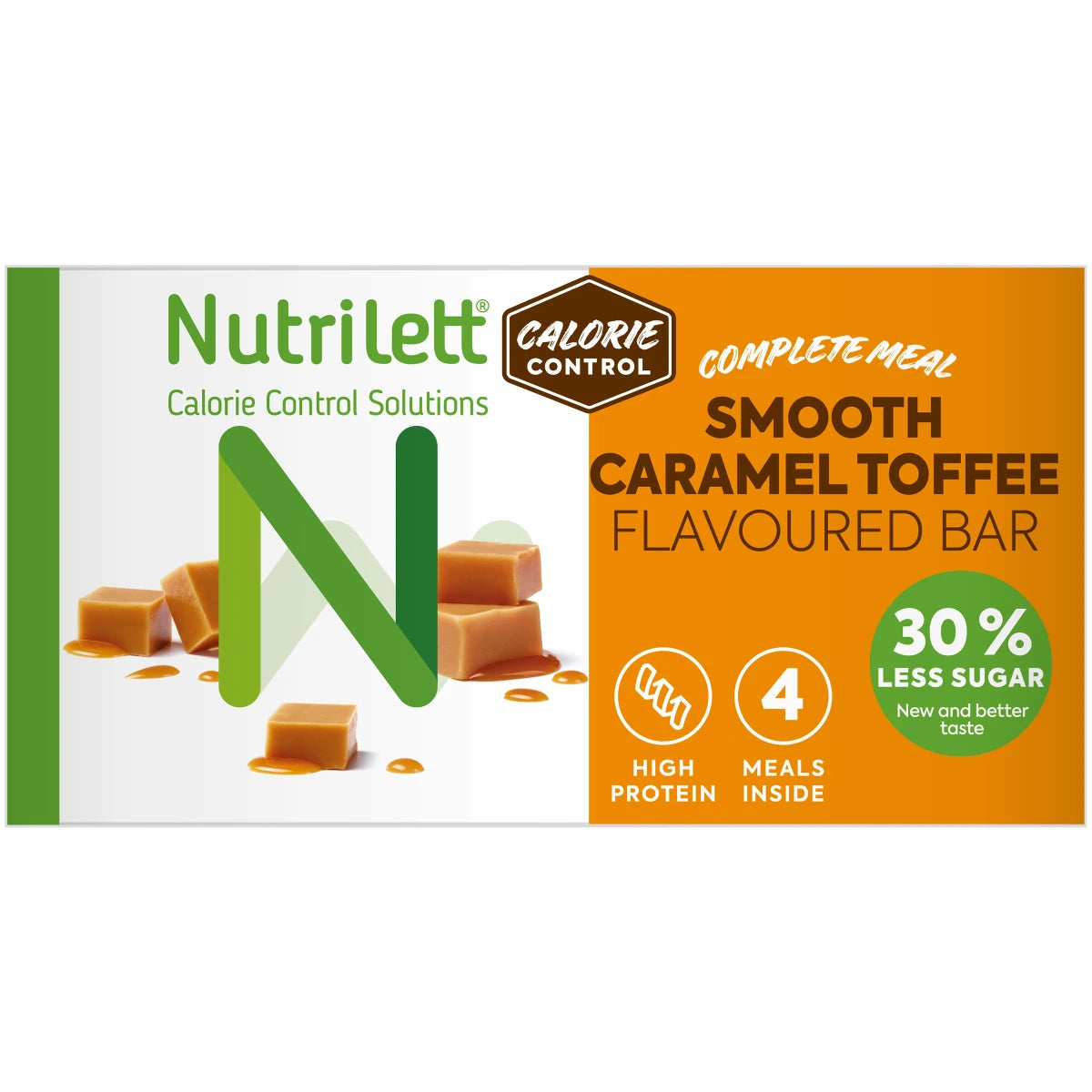 Nutrilett Smooth Caramel Toffee patukka 4 x 57 g – karamellin ja toffeen makuinen ateriankorvike