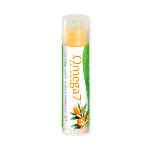 OMEGA7 Huulivoide 5 g Omega 7 -tyrniöljyä, mehiläisvahaa ja luomulaatuisia kasviöljyjä sisältävä vedetön huulivoide.