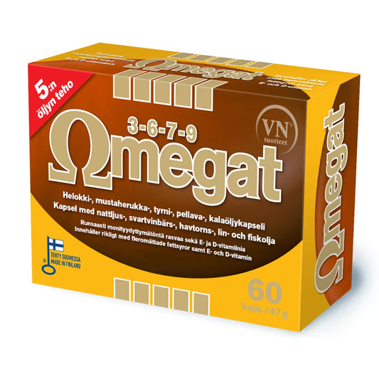 OMEGAT kapseli 60 kpl sisältää omega-rasvahappoja viidestä eri öljystä