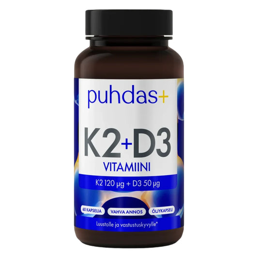 Puhdas+ K2-vitamiini 120 mikrog + D3-vitamiini 50 mikrog 60 kaps