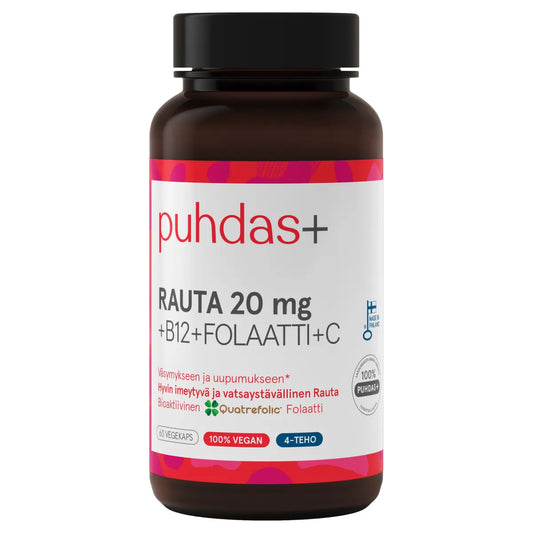 PUHDAS+ Rauta 20 mg + Folaatti + B12 + C kapseli 60 kpl