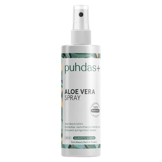 PUHDAS+ Aloe Vera Spray 200 ml pehmentää, kosteuttaa ja rauhoittaa ihoa