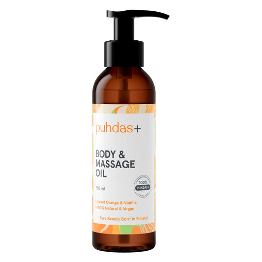 Puhdas+ Body & Massage Oil Sweet Orange & Vanilla 150 ml soveltuu hierontaan ja vartalon kosteutukseen