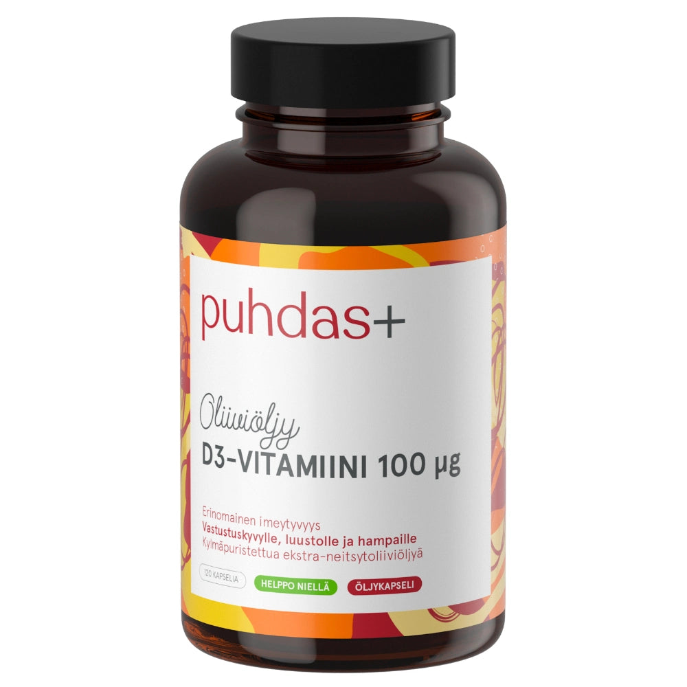 Puhdas+ D3-vitamiini  100 µg Extra-neitsytoliiviöljyssä 120 kapselia