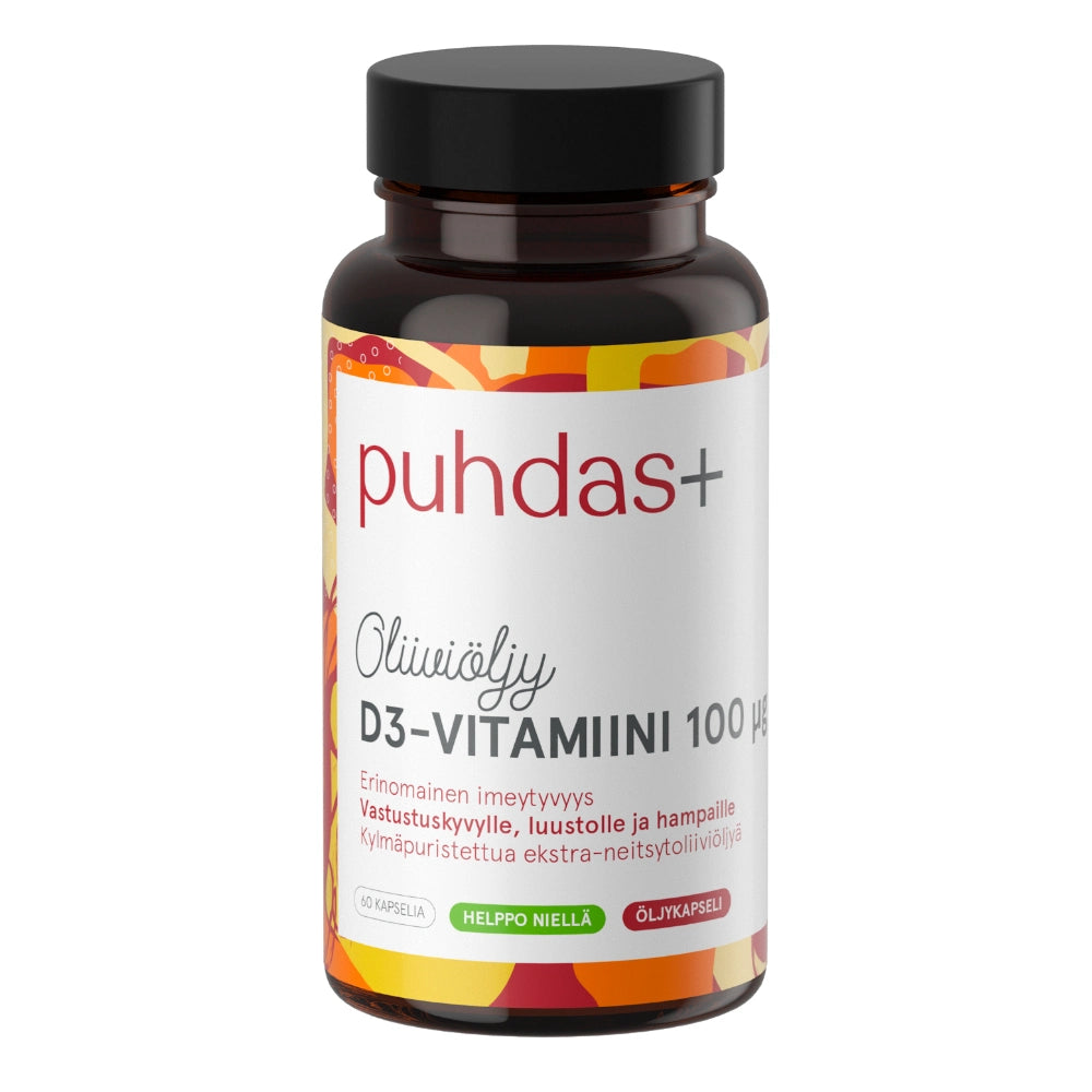Puhdas+ D3-vitamiini  100 µg Extra-neitsytoliiviöljyssä 60 kapselia