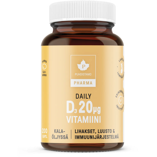 PUHDISTAMO Pharma Daily D-vitamiini 20 µg pehmytkapseli 200 kpl päivittäiseen käyttöön