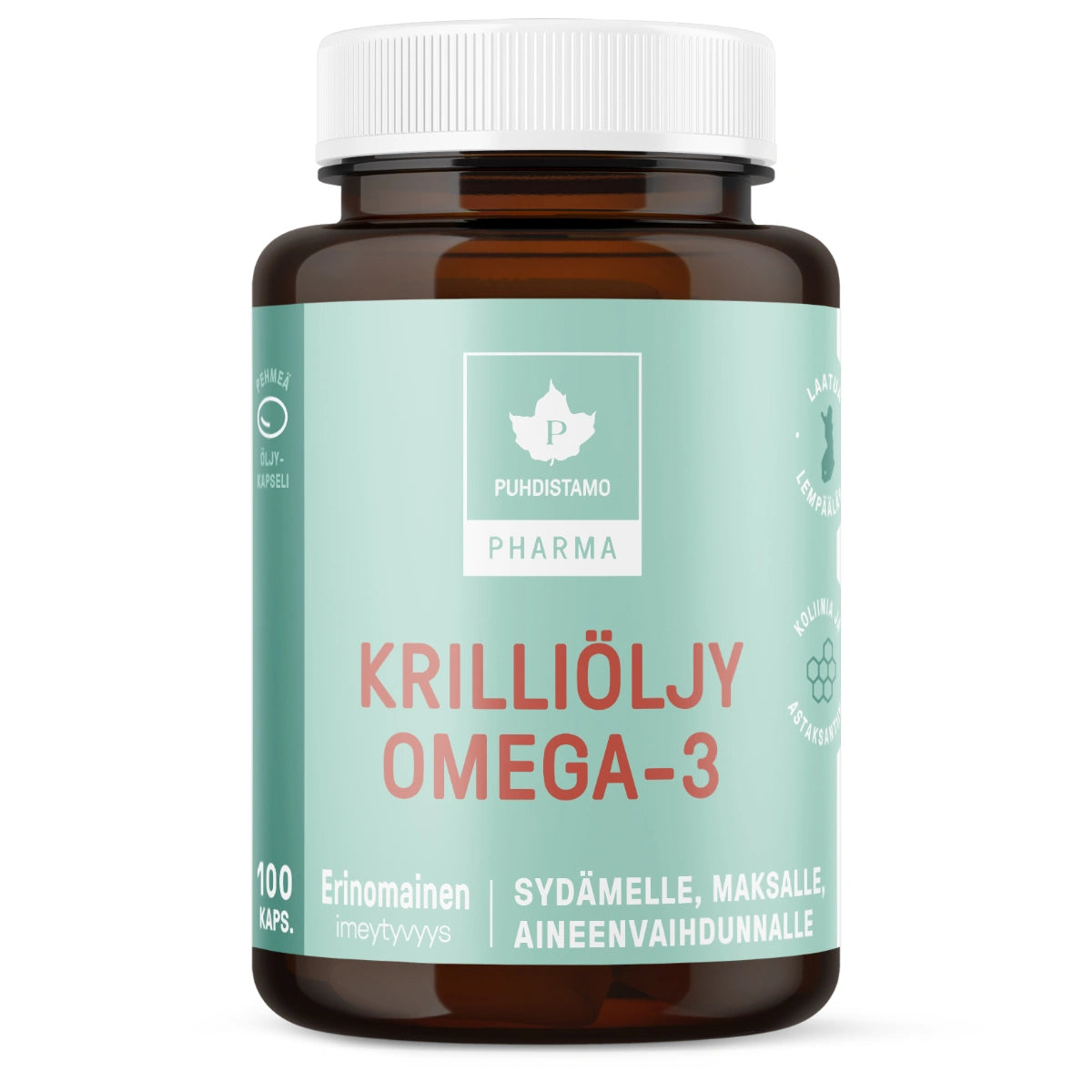 PUHDISTAMO Pharma Krilliöljy Omega-3 kapseli 100 kpl valmistettu puhtaasta krilliöljystä