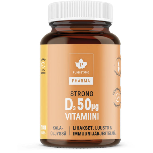 PUHDISTAMO Pharma Strong D-vitamiini 50 µg pehmytkapseli 180 kpl sisältää turskanmaksaöljyä, jossa luontaisesti A-vitamiinia ja D-vitamiinia