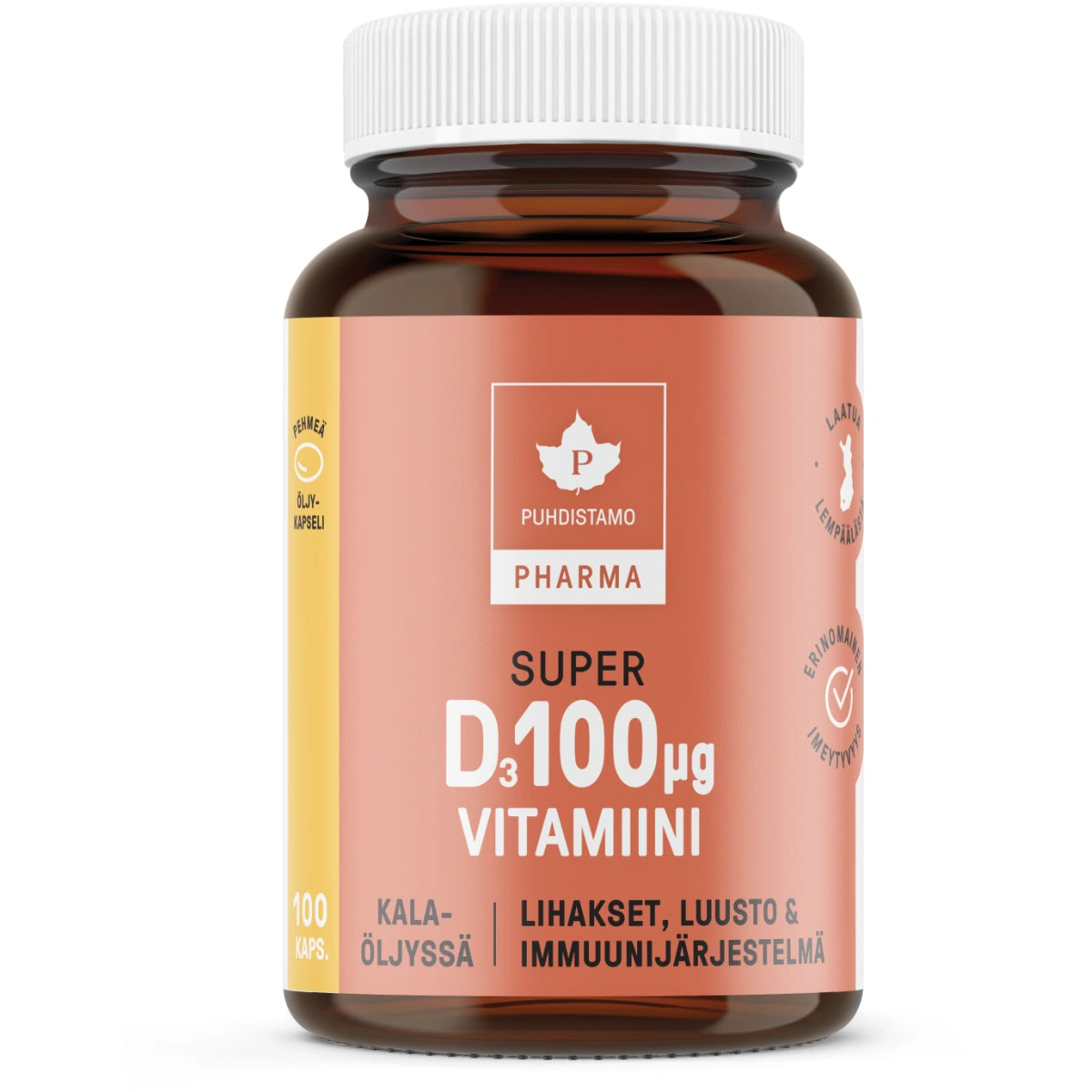 PUHDISTAMO Pharma Super D-vitamiini 100 µg pehmytkapseli 100 kpl sisältää turskanmaksaäöljyä, jossa luontaisesti A- ja D-vitamiinia