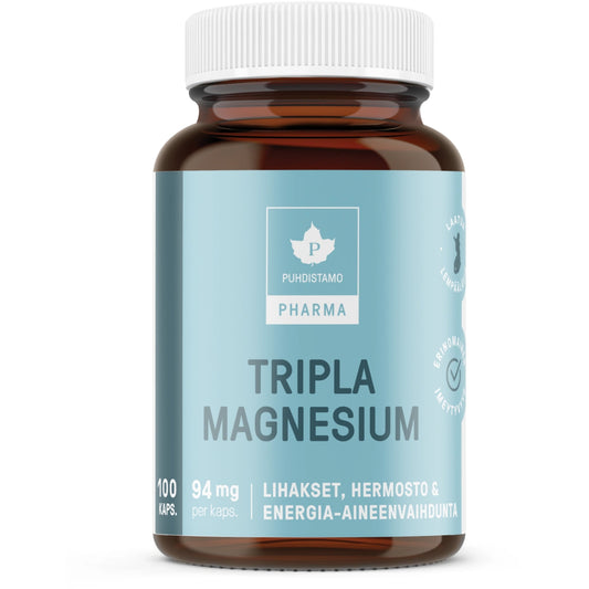 PUHDISTAMO Pharma Tripla magnesium kapseli 100 kpl sisältää kolmea korkealaatuista magnesiumin muotoa