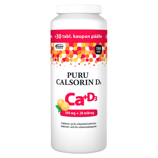 PURU Calsorin D3 500 mg + 20 mikrog purutabletti 130 kpl kampanjapakkaus sisältää kalsiumia ja hyvin imeytyvää D3-vitamiinia appelsiininmakuisessa purutabletissa