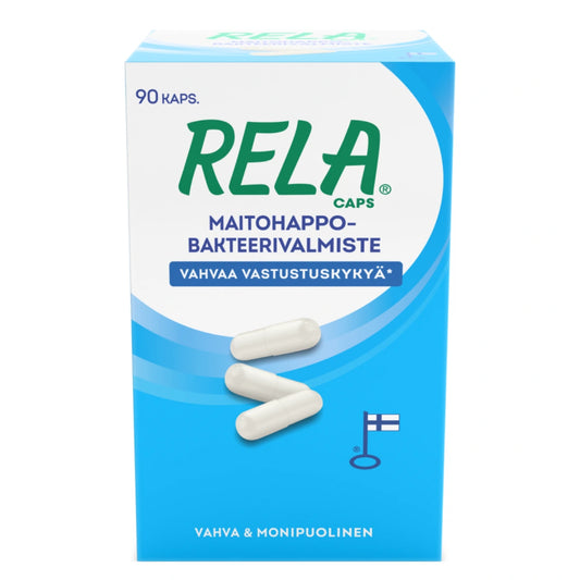 RELA Caps kapseli 90 kpl vahva ja monipuolinen yhdistelmä maitohappobakteereita sekä C-vitamiinia nieltävässä kapselissa