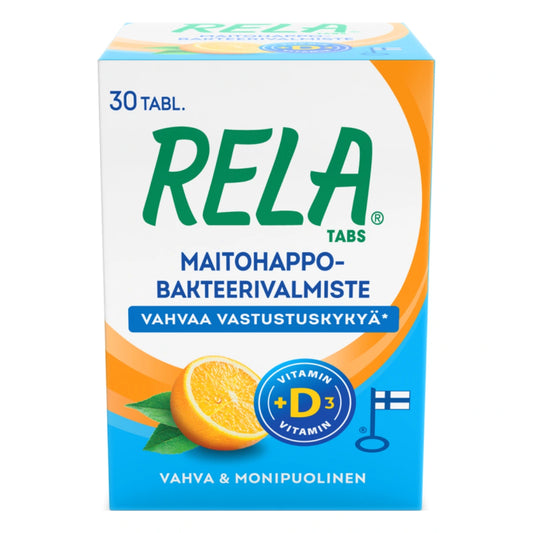RELA Tabs Appelsiini + D3 tabletti 30 kpl sisältää kahta tutkittua ja korkealaatuista bakteerikantaa sekä D3-vitamiinia