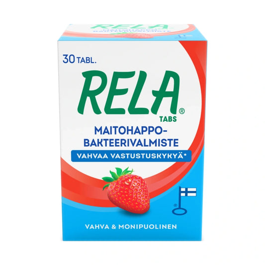 RELA Tabs Mansikka purutabletti 30 kpl sisältää kahta eri maitohappobakteerikantaa maistuvassa purutabletissa