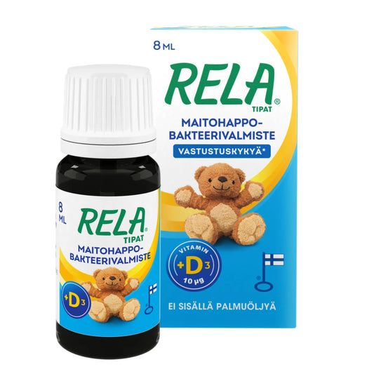 RELA Tipat + D3 maitohappobakteerivalmiste 8 ml lapsille ja vauvoille kahden viikon iästä alkaen